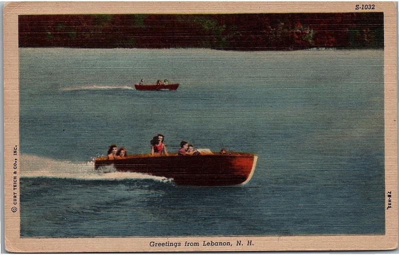 Postcard NH Greetings From Lebanon Speedboat Lake Linen R11