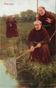 Vintage Postcard Catholic Monks Fishing on Thursday