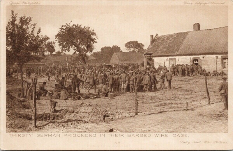 Thirsty German Prisoners in Barbed Wire Cage Unused Daily Mail Postcard F43