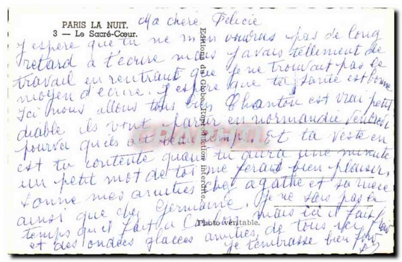 Paris Old Postcard Night The sacre coeur