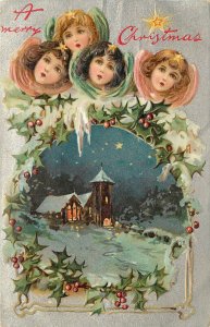 Embossed Tuck Christmas Postcard 4 Angel Faces Above Church