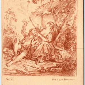 c1750 France Boucher Pastoral Sketch Couple Hut Forest Demarteau Etching A360