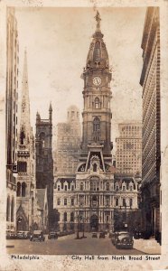 PHILADELPHIA PA~CITY HALL FROM NORTH BROAD STREET~1930s LUTZ PHOTO POSTCARD