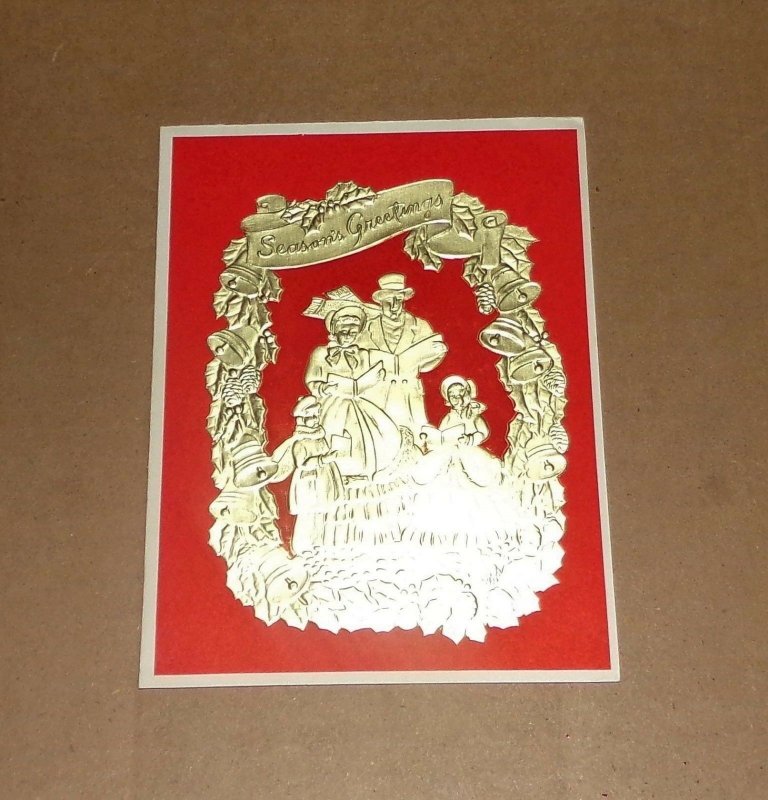 Vtg Christmas Card Embossed Gold Foil Victorian Carolers Family Man Woman #139