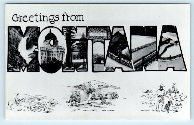 RPPC Large Letter GREETINGS from MONTANA, MT  Multi View c1950s  Postcard