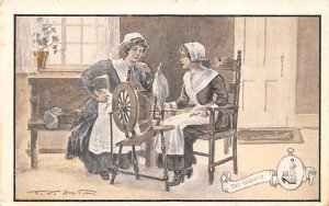 Two women working on a spinning wheel Spinning Wheel Unused 