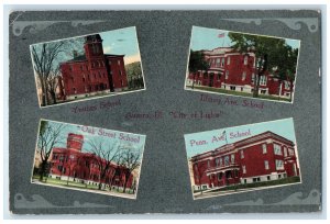 1916 Multiview of Schools in Aurora Illinois IL City of Lights Postcard