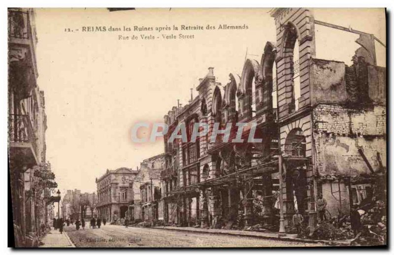 Old Postcard Militaria Reims in ruins after the retreat of German Street Vesle