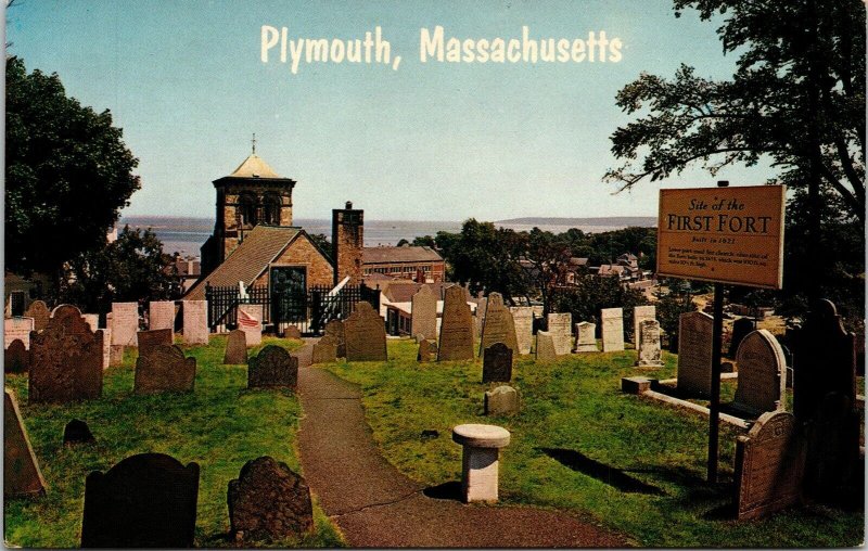 Site First Fort Cemetery Church Buildings Plymouth Massachusetts MA Postcard UNP 