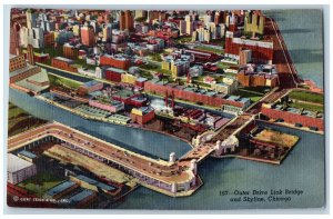 Chicago Illinois Postcard Aerial View Of Outer Drive Link Bridge & Skyline c1940