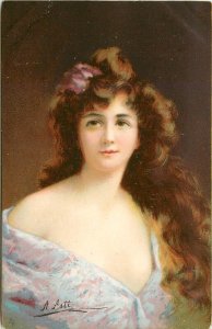 Tuck Connoisseur Ser. 2731 Postcard A.Asti Beautiful Lady Long Brunette Hair