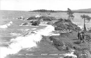 Eagle Harbor Michigan~People Overlooking West Bluff~Waves Crashing~1940s RPPC