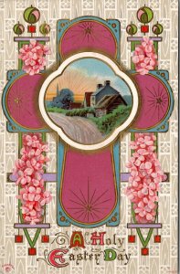 Easter Greetings Beautiful Scenic View Inside Pink Gilded Cross Postcard Y16