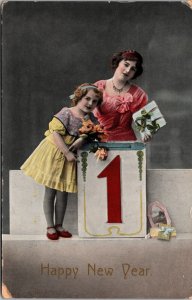 Mmother Daughter Happy New Year Gel Colorized Postcard 1913