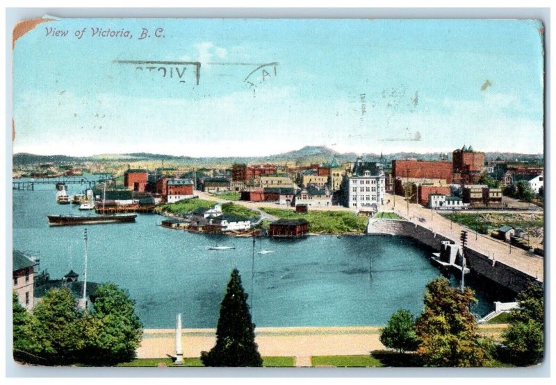 1913 Bird's Eye View Of Victoria B.C. Canada, Bridge And Sea Boats View Postcard