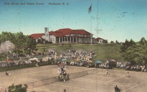 Vintage Postcard 1948 Club House & Tennis Court Game Pinehurst NC Handcolored