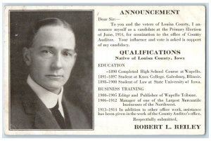 1914 Robert L. Reiley Political Advertising Louisa County Iowa IA Postcard