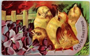 Postcard - Easter Greetings with Flower and Chicks Art Print 