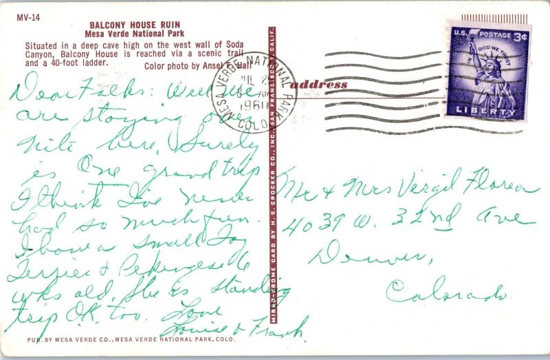 Balcony House Run Mesa Verde National Park Colorado Postcard Posted 1960