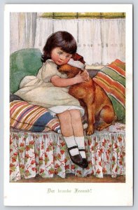 M Munk Wien~Little Girl Cuddles Bandaged Dog: The Sick Friend~Artist Signed #713 