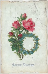 Chromo roses flower papercut handmade 1908 friendship greetings postcard France 