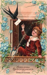 Vintage Postcard Little Boy Sending Letter Bird Messenger Forget Me Nots Greet