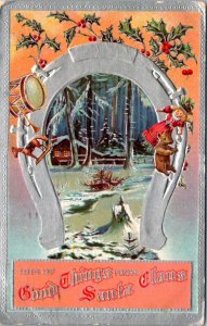 Christmas Postcard Silver Horseshoe Toys Doll Teddy Bear Drum Horse Snowy House