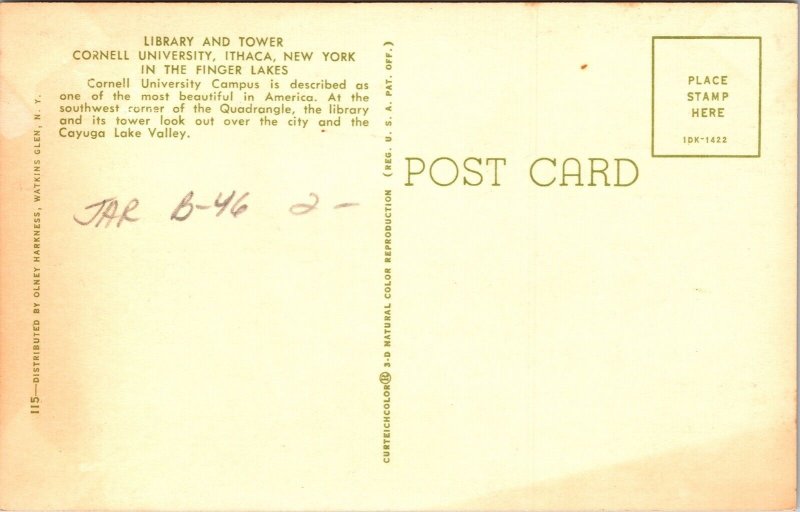 Cornell University Campus Library & Tower Ithaca New York Chrome Postcard 