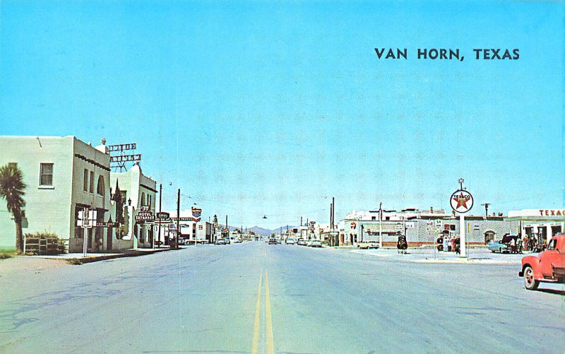 Van Horn TX Main Street Texaco Gas Station Storefronts Truck, Postcard