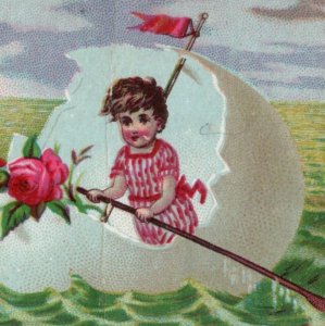 1880s Johnston & Reilly Dry Goods Child In Eggshell-Boat On Sea Fab! F106