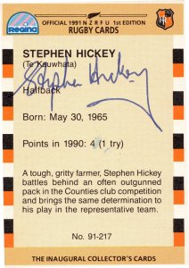 Stephen Hickey Counties 1991 New Zealand Hand Signed Rugby Card Photo