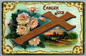 Postcard c1914 Easter Joys Embossed Cross Floral Gilt 4 Bar Cancel Franklin MA