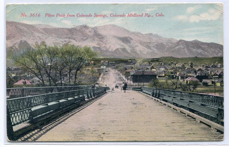 Pikes Peak from Colorado Springs Bridge CO 1914 postcard