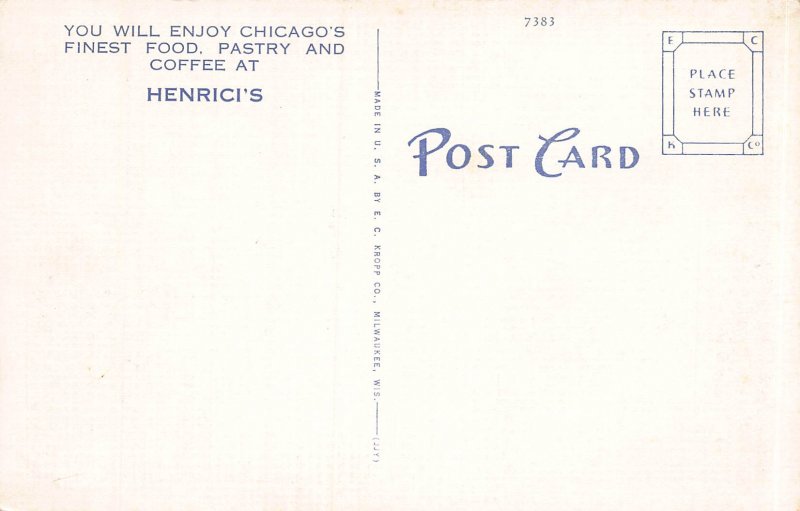 Henrici's, Chicago's Most Famous Restaurant, Early Postcard, Unused