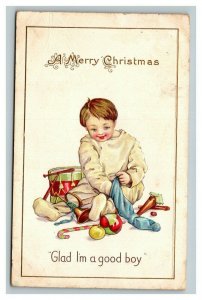 Vintage 1915 Christmas Postcard Good Boy Opens Presents & Stocking on Xmas Day