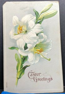 Easter Greeting White Lilies Lily 1909 Flower Antique Postcard