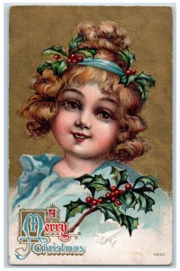 1910 Merry Christmas Pretty Little Girl Holly Berries San Francisco CA Postcard 