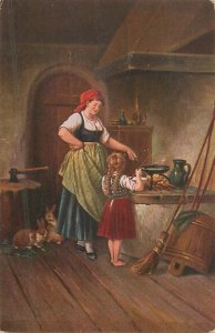 Girl and housemaid cooking The first try early fine art postcard rabbits