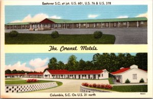 Linen Postcard The Coronet Motels in Eastover and Columbia South Carolina