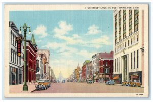 c1940's High Street Looking West Classic Cars Building Hamilton Ohio OH Postcard