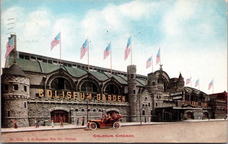 Postcard Coliseum Early Automobile American Flags in Chicago, Illinois