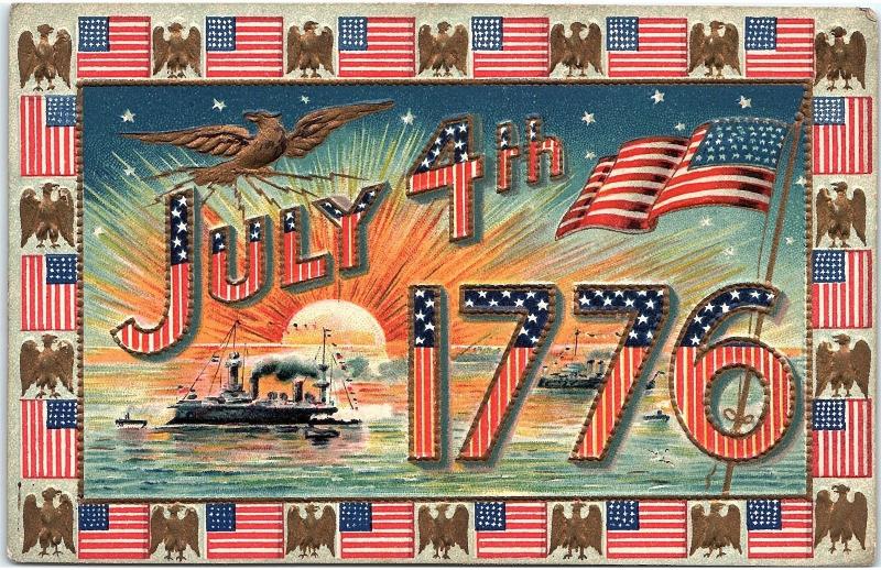 Postcard July 4th 1776 Patriotic Embossed Gold Eagles American Flags K170