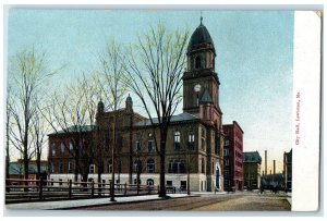 c1905's City Hall Building Clock Tower Dirt Road Tree Lewiston Maine ME Postcard