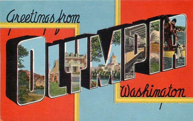 Large Letter Linen OLYMPIA, Washington WA ~ ca 1940s Kropp  Postcard