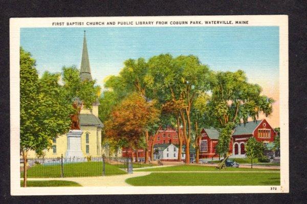 ME First Baptist Church Library Coburn Park Waterville Maine Linen Postcard PC