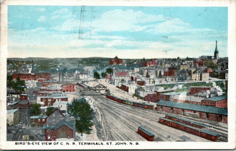 Postcard NB Saint John Bird's Eye View of C. N. R. Terminals Trains 1923 K43