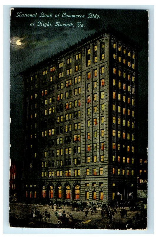 c1910s National Bank of Commerce Building at Moonlight Norfolk VA Postcard