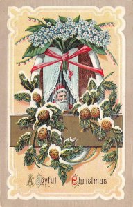 Holiday Greetings  A JOYFUL CHRISTMAS  Santa Claus~Pine Cones  c1910's Postcard