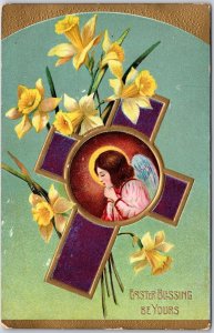 1912 Happy Easter Greetings Landscape near Lake Egg Violets Posted Postcard