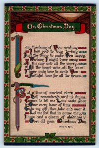 c1910's Christmas Day Poem Mary C. Low Holly Berries Posted Antique Postcard